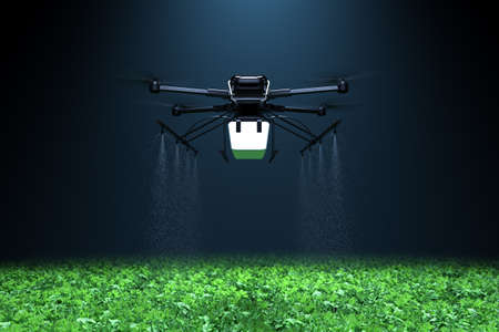Drone spraying fertilizer on vegetable green plants, Agriculture technology, Farm automation. 3D illustrationの写真素材