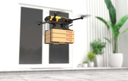 The delivery drone is delivering pizza. 3D illustrationの写真素材