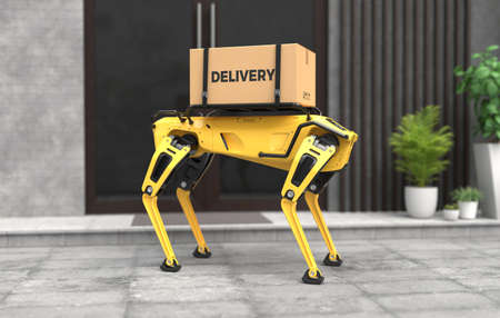 A robot dog is on the way to deliver goods. 3D illustrationの写真素材