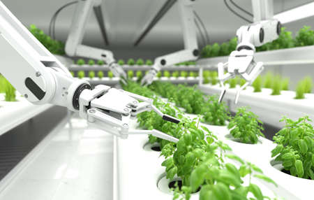 Smart robotic farmers concept, robot farmers, Agriculture technology, Farm automation. 3D...