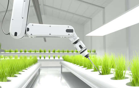 Smart robotic farmers concept, robot farmers, Agriculture technology, Farm automation. 3D illustrationの写真素材