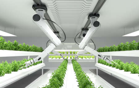 Smart robotic farmers concept, robot farmers, Agriculture technology, Farm automation. 3D illustrationの写真素材