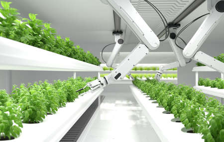 Smart robotic farmers concept, robot farmers, Agriculture technology, Farm automation. 3D illustrationの写真素材