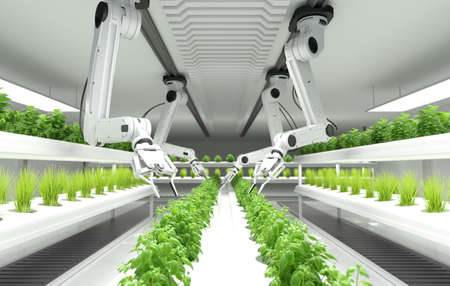 Smart robotic farmers concept, robot farmers, Agriculture technology, Farm automation. 3D illustrationの写真素材
