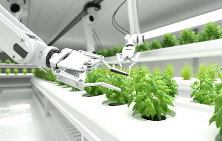 Smart robotic farmers concept, robot farmers, Agriculture technology, Farm automation. 3D illustrationの写真素材