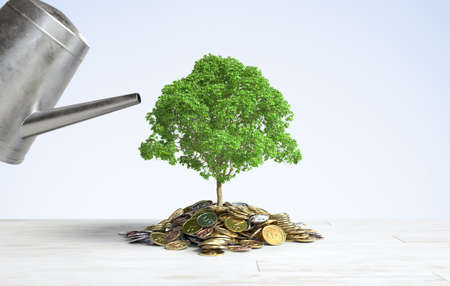 Watering can with a tree on a pile of coins, Saving money concept. 3D illustrationの写真素材