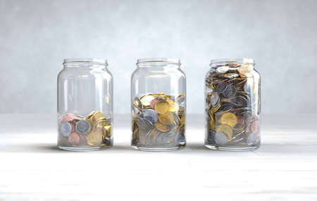 Coins in a glass jar, Money saving concept. 3D illustration
