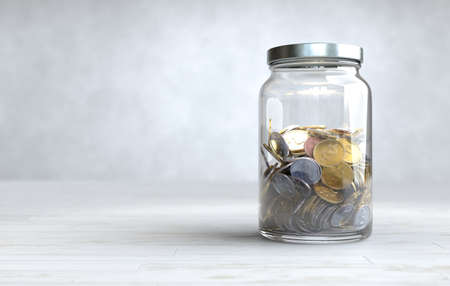Coins in a glass jar, Money saving concept. 3D illustrationの写真素材