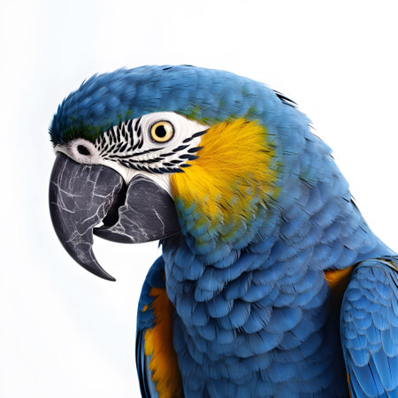 Blue and yellow macaw parrot isolated on white backgroundの素材