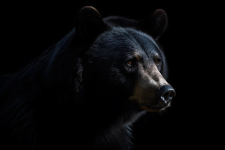 Black bear portrait isolated on black background, extreme closeup, side viewの素材