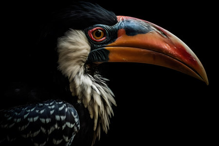 Portrait of a hornbill on a black backgroundの素材