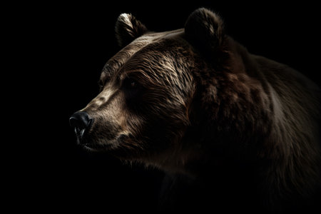 Portrait of a brown bear on a black background. Studio shotの素材