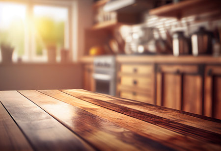 Empty wooden table and blurred kitchen background. Ready for product display montageの素材