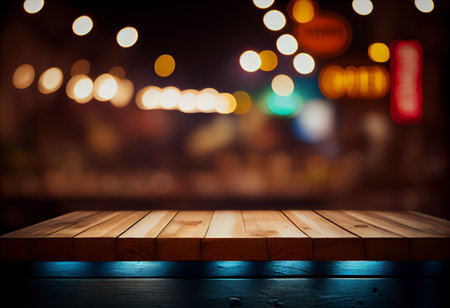 Empty wooden table and blurred background of night city. For product displayの素材