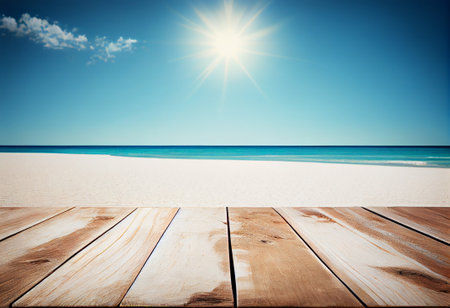 Wooden table top on white sand beach and blue sky background.の素材