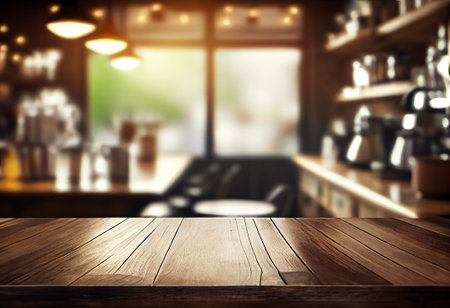 Empty wood table and Coffee shop blur background with bokeh image. For product displayの素材
