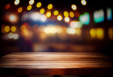 Empty wooden table and bokeh lights background. For product displayの素材