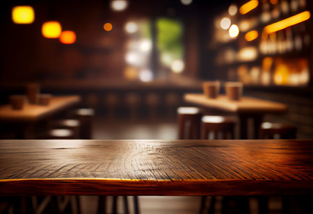 Empty wooden table and abstract blurred background of bar or pub. For product displayの素材