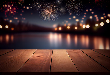 Wood table top on blur fireworks background with bokeh image. Ready for product display montageの素材