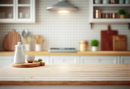Close up of wooden table in modern kitchen interior. Mock up, 3D Renderingの素材
