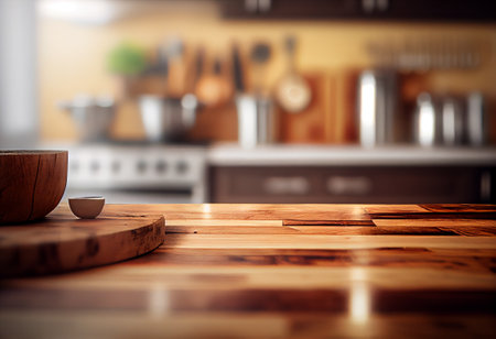 Wooden table and cup of coffee in modern kitchen. Blurred backgroundの素材