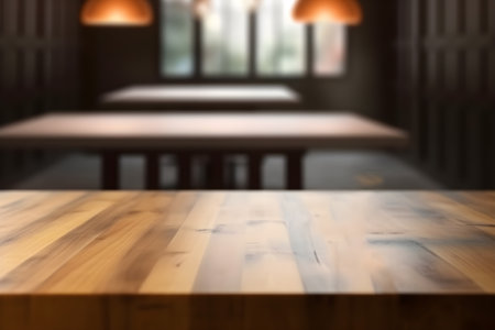 Empty wooden table and Coffee shop blur background with bokeh image.の素材