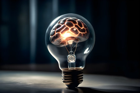 Human brain inside of light bulb on dark backgroundの素材