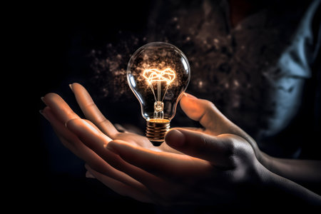 Close up of businesswoman holding in hands light bulb with creative conceptの素材