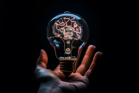 Close up of human hand holding light bulb with brain inside on dark backgroundの素材