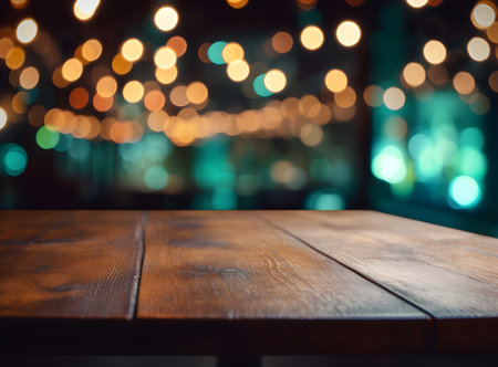 Empty wooden table and bokeh lights background. For product displayの素材