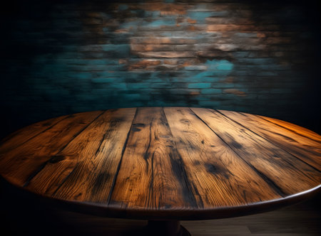 Empty wooden table and brick wall background, product display montage.の素材