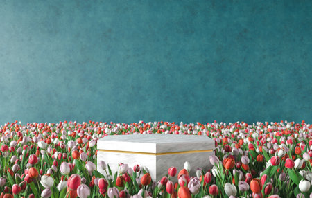 3d render of white podium and colorful tulips in the fieldの写真素材