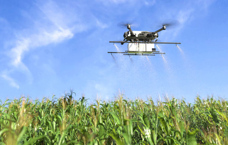Drone spraying fertilizer on vegetable green plants, Agriculture technology, Farm automation. 3D illustrationの写真素材