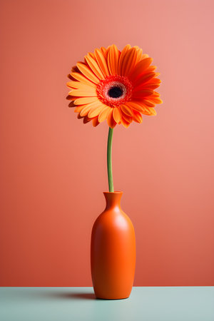 Orange gerbera flower in a vase on a blue backgroundの素材