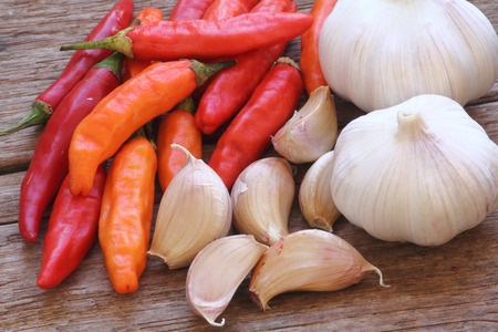 Red hot chili peppers and garlicの写真素材