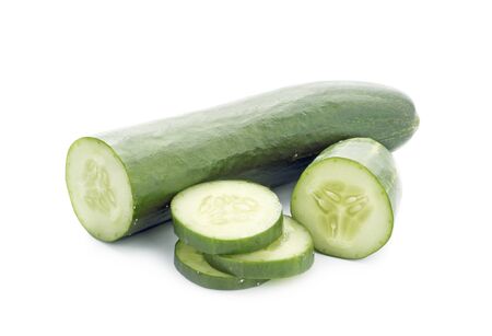 Fresh cucumber slice isolated on white backgroundの写真素材