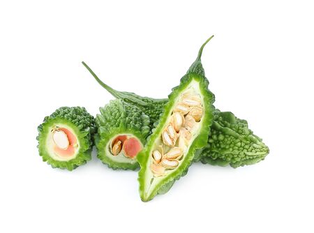 Balsam Apple, Balsam Pear, Bitter Cucumber, Bitter Gourd, Bitter Melon, Carilla  Fruit isolated on white background.の写真素材