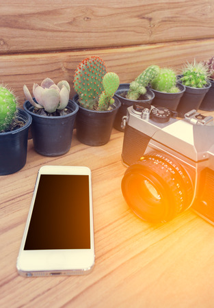 Mobile blank screen and camera on wood background with cactus.の写真素材