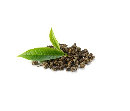 Fresh tea leaves, dried tea on a white background.の写真素材