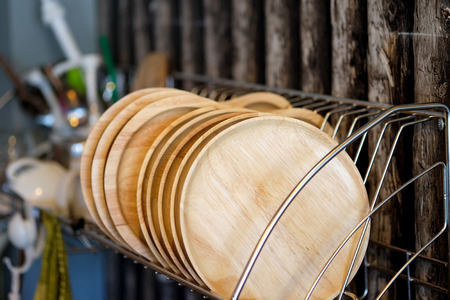 Wood plate on shelves.の写真素材