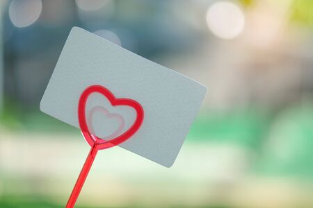Paper card on rod heart for valentine with green grass blurred background.