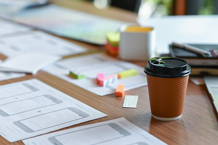 Cropped shot of An application designer desk with a mobile screen sketch and take away coffee in the...