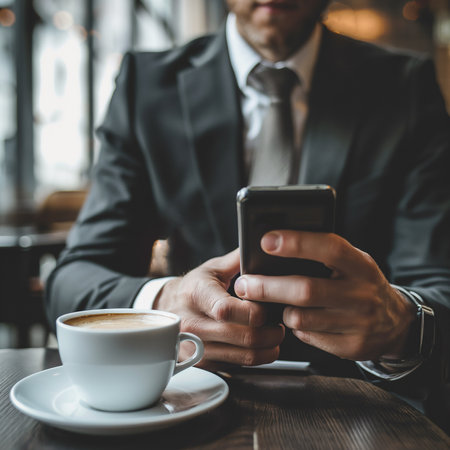 Young businessman in a suit is resting and using a smartphone sitting in a coffee shop, AI generated.の素材