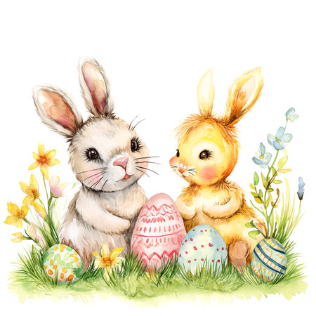 AI-generated Easter image, two bunnies facing each other with Easter eggs.の素材