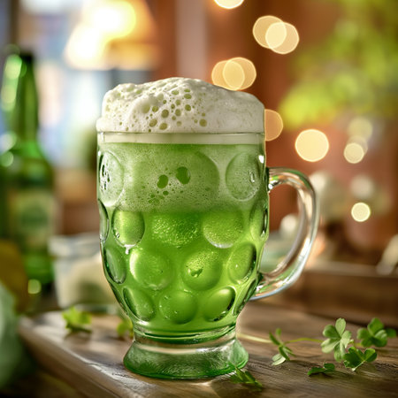 St. Patrick's Day, Foamy green beer fills a glass for celebration, AI generated image.の素材