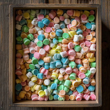 Colorful marshmallows in a wooden box, image generated by AI.の素材