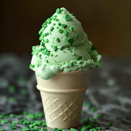 St. Patrick's Day, green ice cream cone close-up, AI-generated drawing.の素材