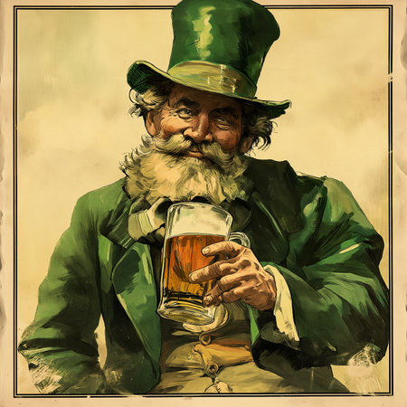 St. Patrick's Day, man wearing a green hat and beard holding a glass of beer, drawing created by AI.の素材
