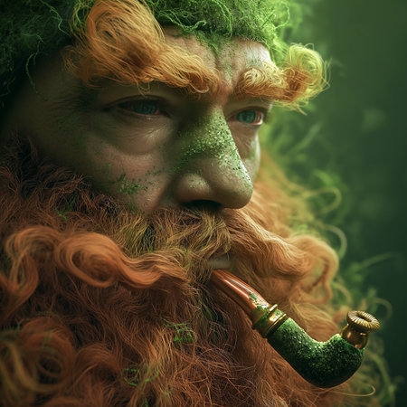 St. Patrick's Day, close-up of a person wearing a green hat and beard smoking a pipe, AI-generated drawing.の素材
