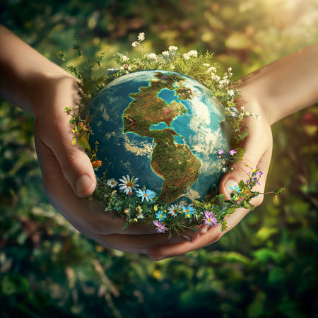 Earth Day on April 22, Close-up of a model globe and a tree in hand, Preserving our planet for future generations, AI-generated image.の素材